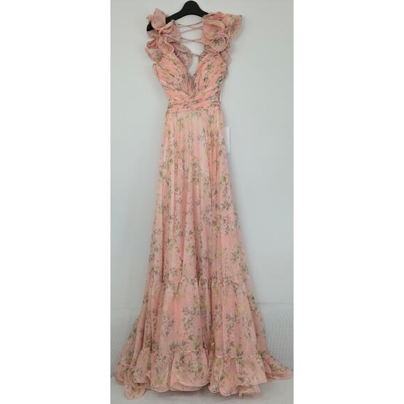 Mac Duggal Pink Ruffle Tiered Floral Cut-Out Chiffon Gown Sz 4 NWT - Picture 2 of 10